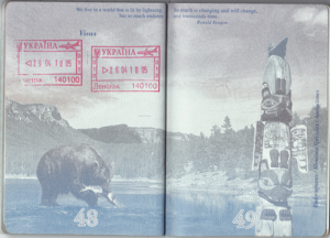 Ukrainian Sky Entrance and exit stamps from the Ukraine float above a trout fishing grizzly. Both the stamps and the bear are diminished by each others presence.